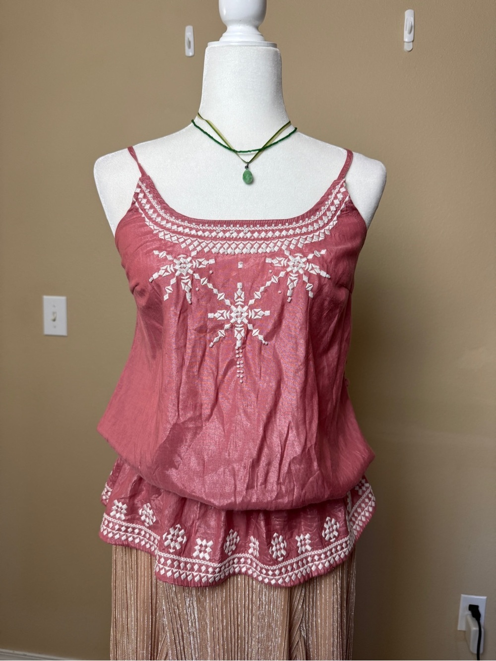 Papaya Pink top with white beading Size medium